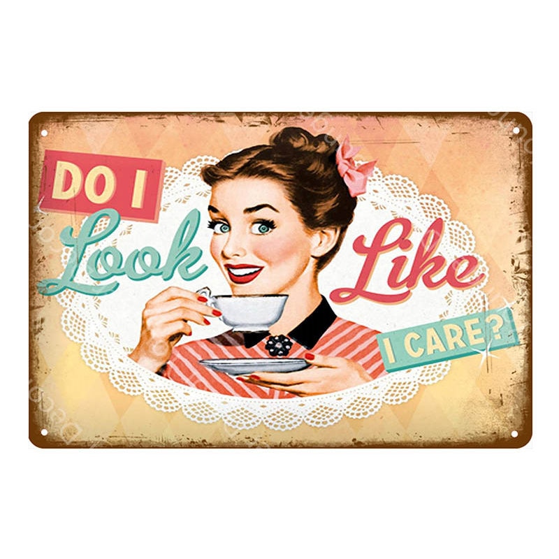 Vintage "Do I Look Like I Care" Metal Pin-Up Poster