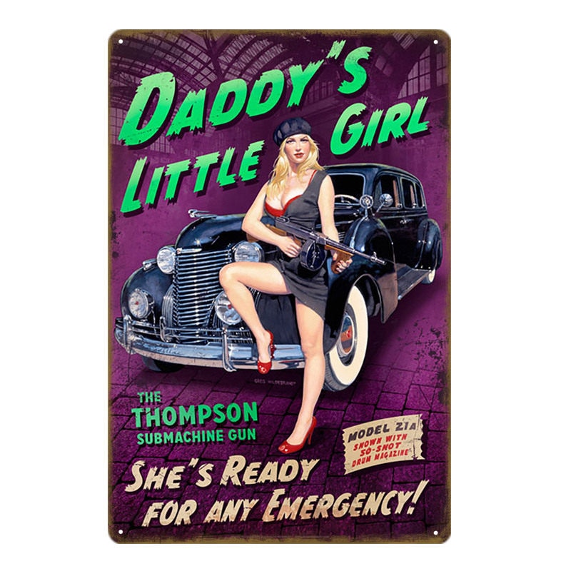 Vintage Daddy's Little Girl Has A Tommy Gun Metal Pin-Up Poster