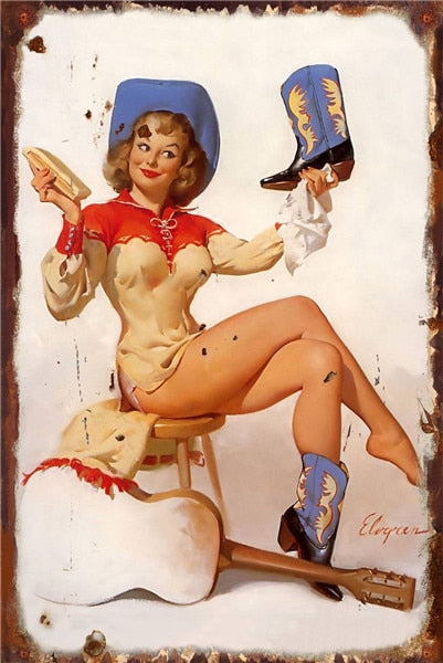 Vintage Cowgirl And Boot Metal Pin-Up Poster