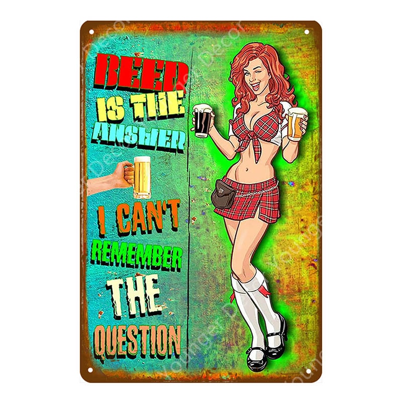 Vintage "Beer Is The Answer" Metal Pin-Up Poster