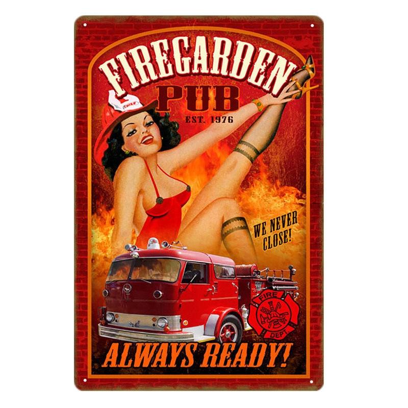 Vintage Fire Garden Pub Metal Pin-Up Poster