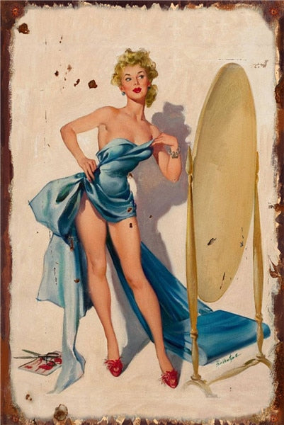 Vintage "Who Is The Fairest Of Them All" Metal Pin-Up Poster
