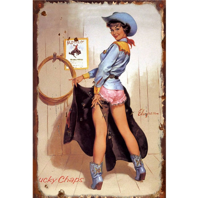 Vintage Cow Girl Metal Pin-Up Poster