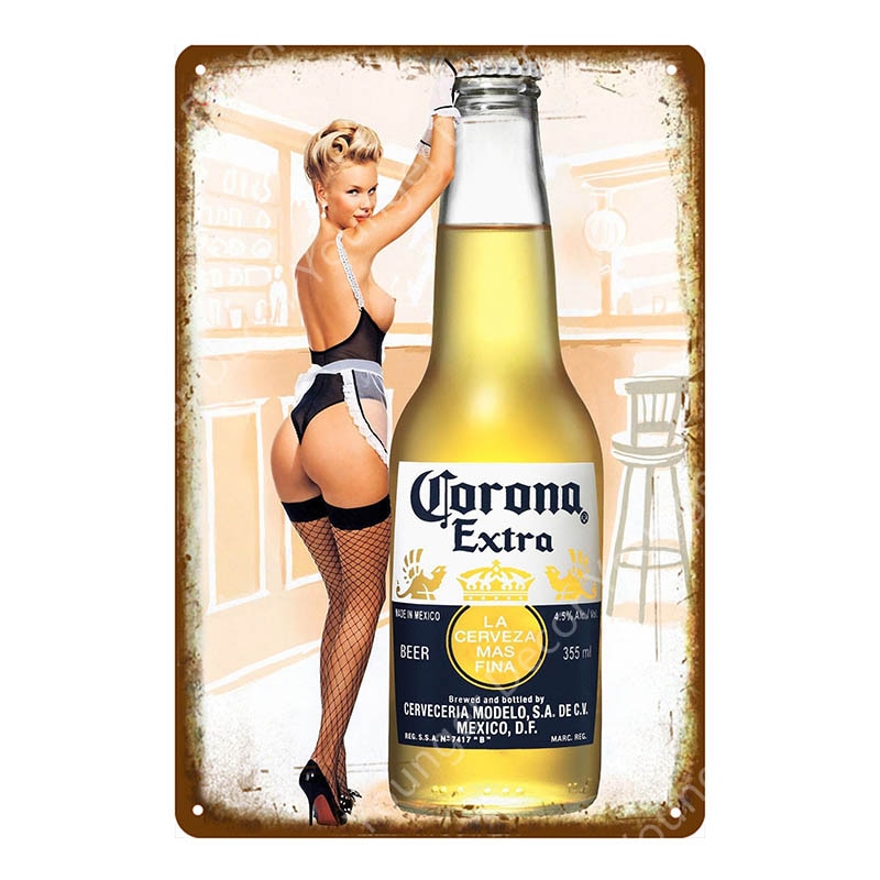 Vintage Babes And Beer Metal Pin-Up Poster