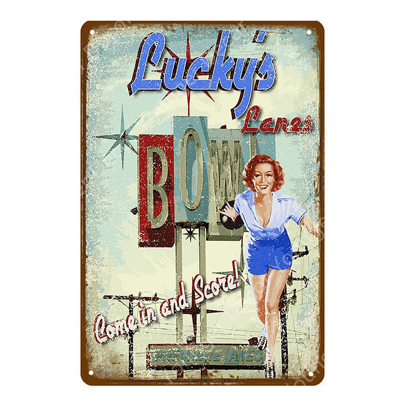 Vintage Bowling Rink Metal Pin-Up Poster