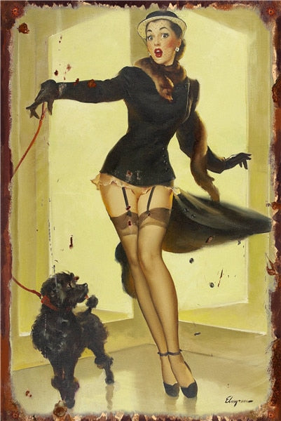 Vintage Black Dress And Poodle Metal Pin-Up Poster