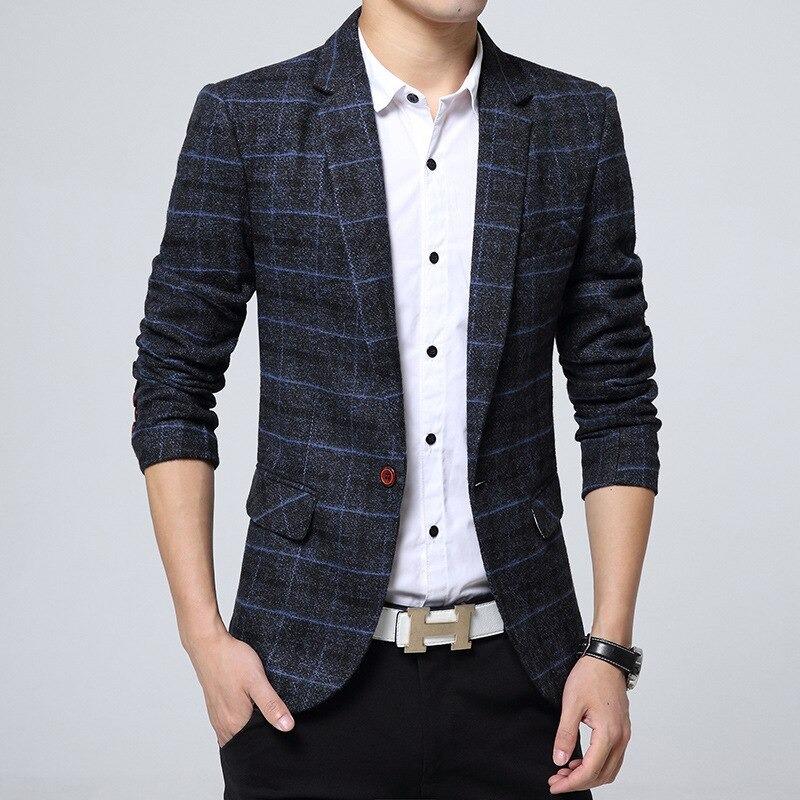 Men's Dark Blue Plaid Tweed Blazer