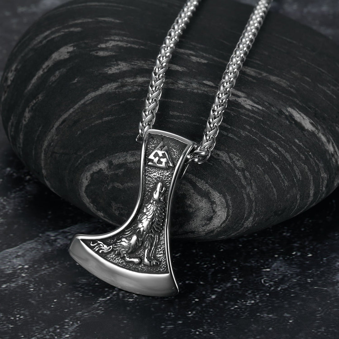 Nordic Pride Handcrafted Stainless Steel Valknut Symbol with Raven & Grey Wolf Pendant & Chain