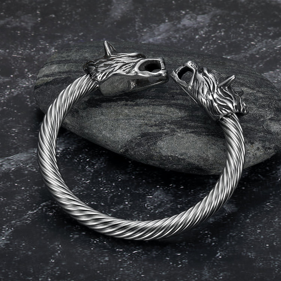 Nordic Pride Handcrafted Stainless Steel Large Grey Wolf Head Torc Bracelet