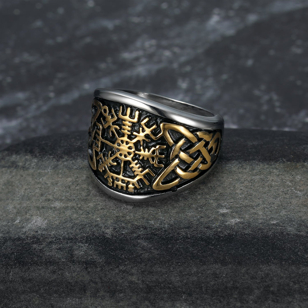 Nordic Pride Handcrafted Stainless Steel Icelandic Stave and Celtic Knot Ring