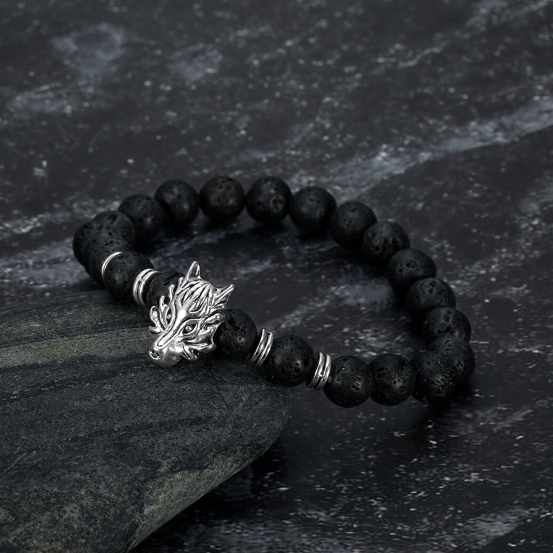Nordic Pride Grey Wolf Head and Lava Stone Bracelet