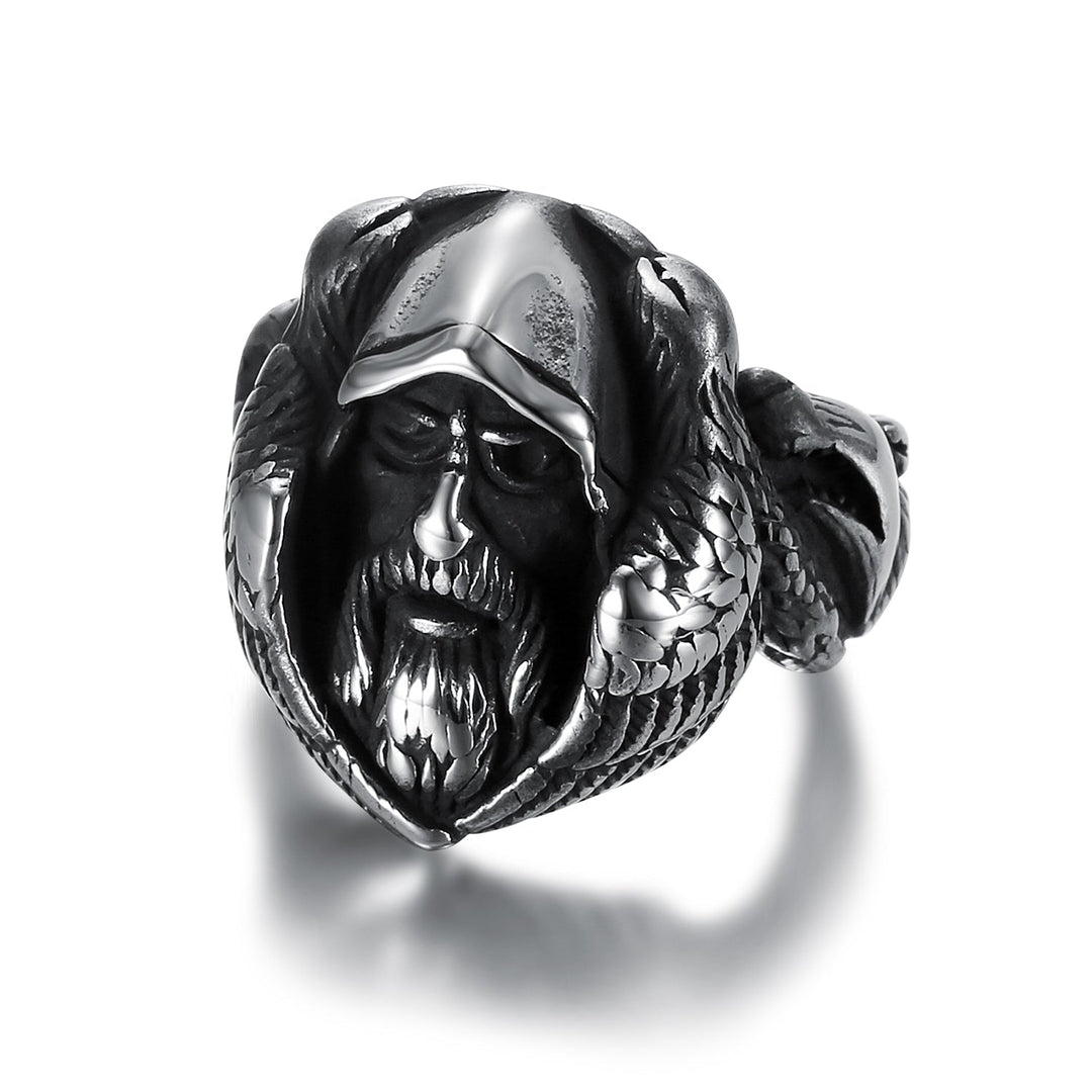 Nordic Pride Handcrafted Stainless Steel Nordic Odin Ring With Raven and Grey Wolf