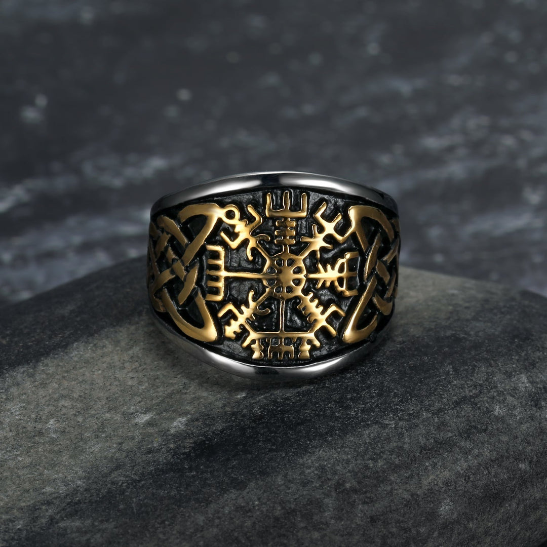 Nordic Pride Gold & Silver Handcrafted Stainless Steel Icelandic Stave and Celtic Knot Ring