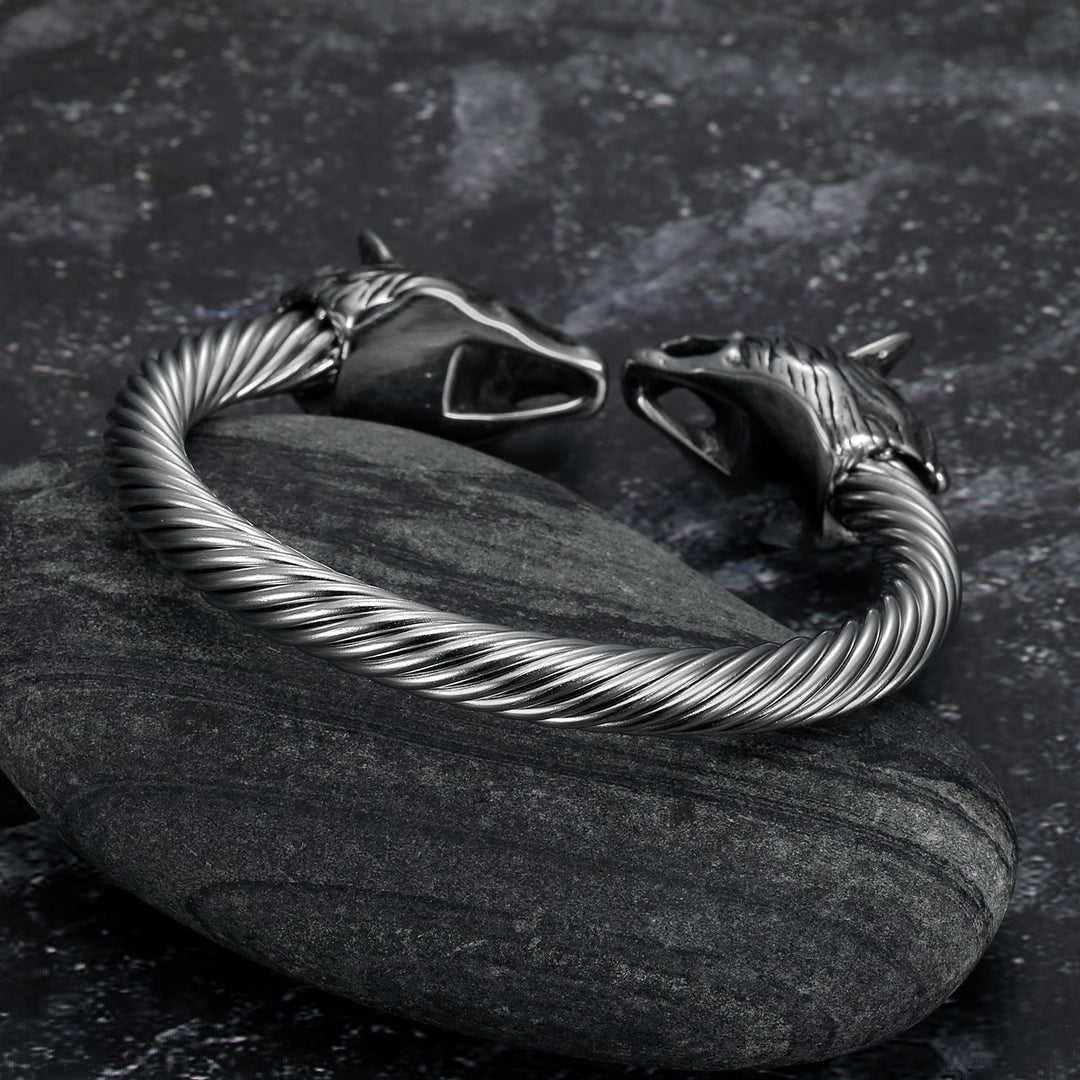 Nordic Pride Handcrafted Stainless Steel Large Grey Wolf Head Torc Bracelet