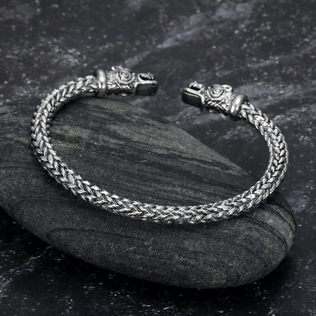 Nordic Pride Small Handcrafted Stainless Steel Grey Wolf Head Torc Bracelet