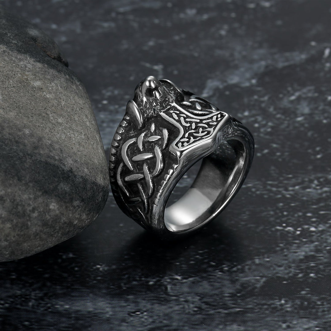 Nordic Pride Handcrafted Stainless Steel Thor's Gavel and Celtic Knotwork Ring