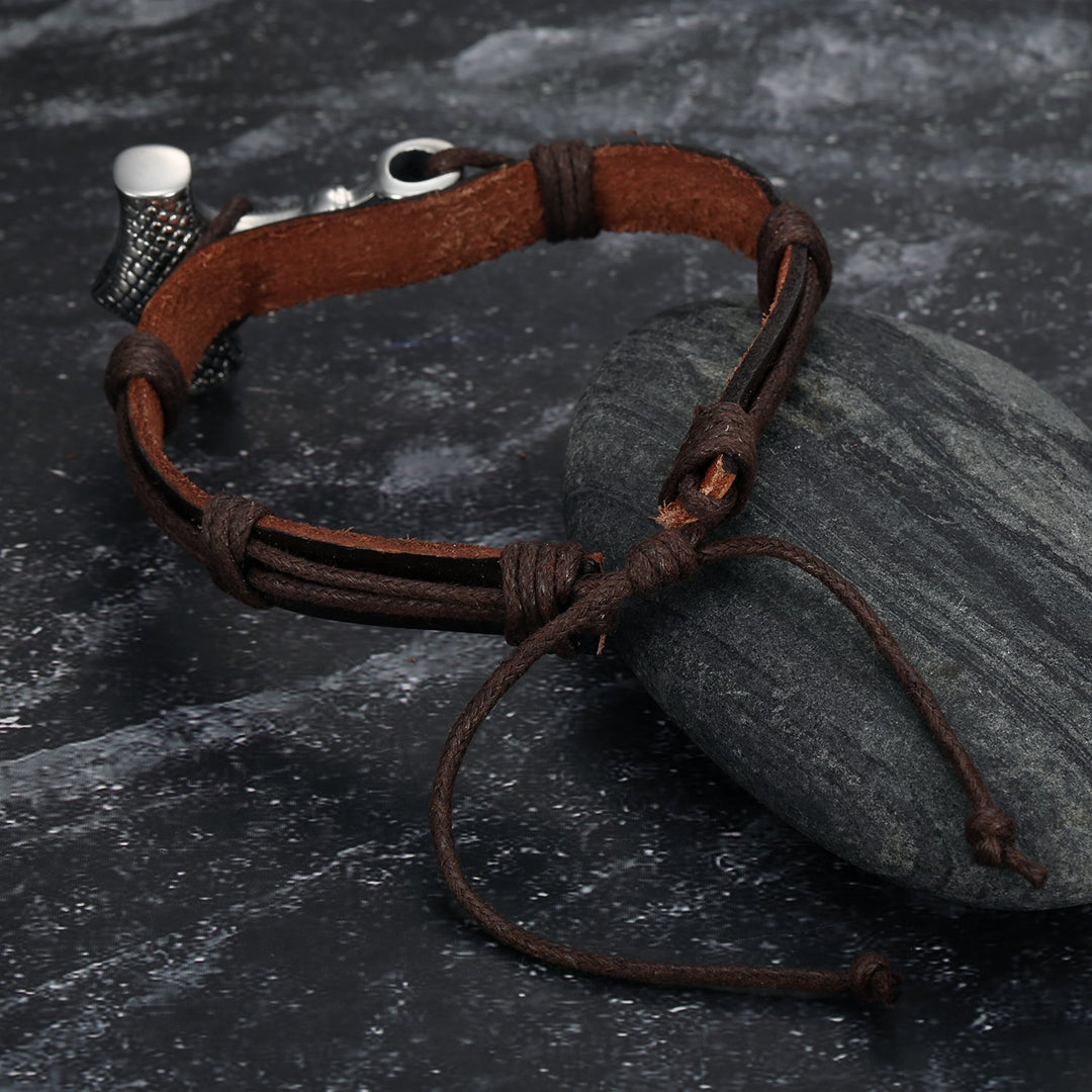 Nordic Pride Adjustable Leather Wristband With Handcrafted Stainless Steel Mjolnir