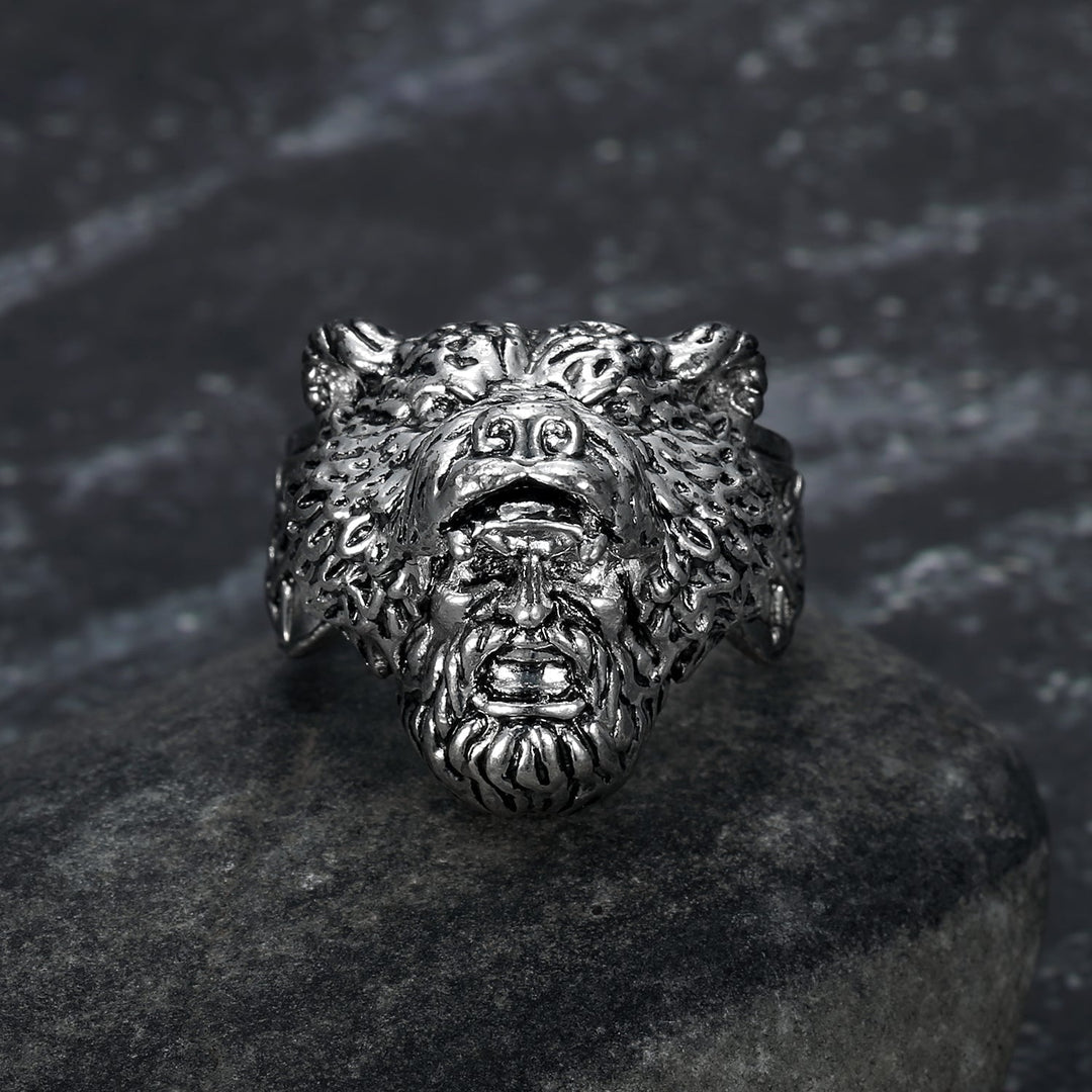 Nordic Pride Handcrafted Stainless Steel Odin and Grey Wolf Ring