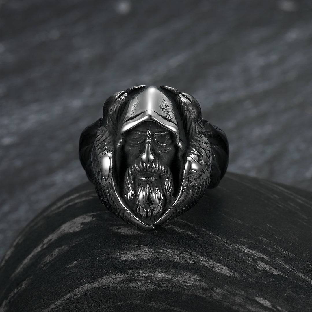 Nordic Pride Handcrafted Stainless Steel Nordic Odin Ring With Raven and Grey Wolf