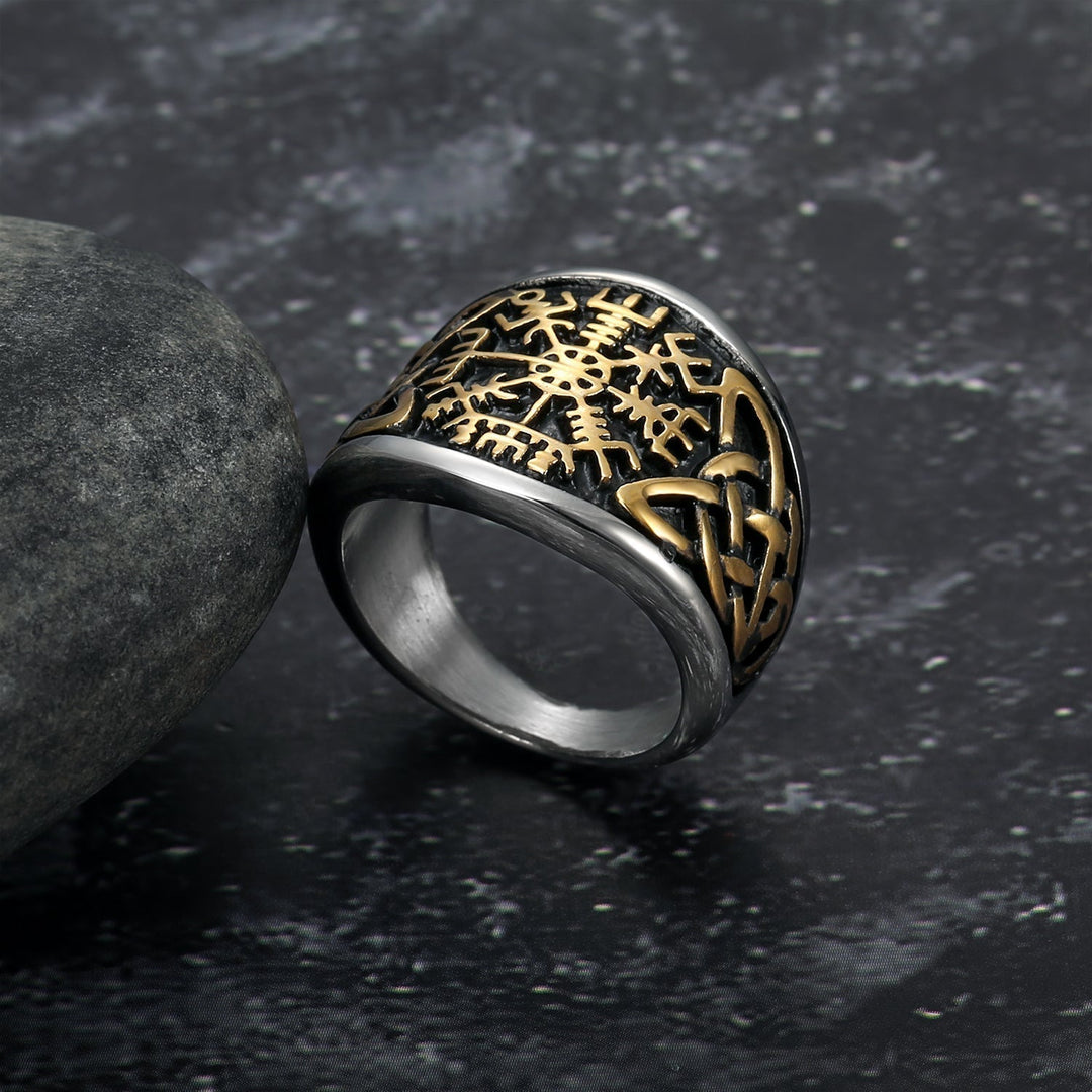 Nordic Pride Gold & Silver Handcrafted Stainless Steel Icelandic Stave and Celtic Knot Ring