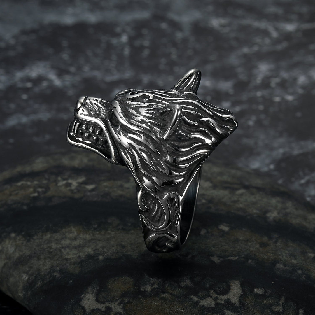 Nordic Pride Handcrafted Stainless Steel Grey Wolf Head Biker Ring