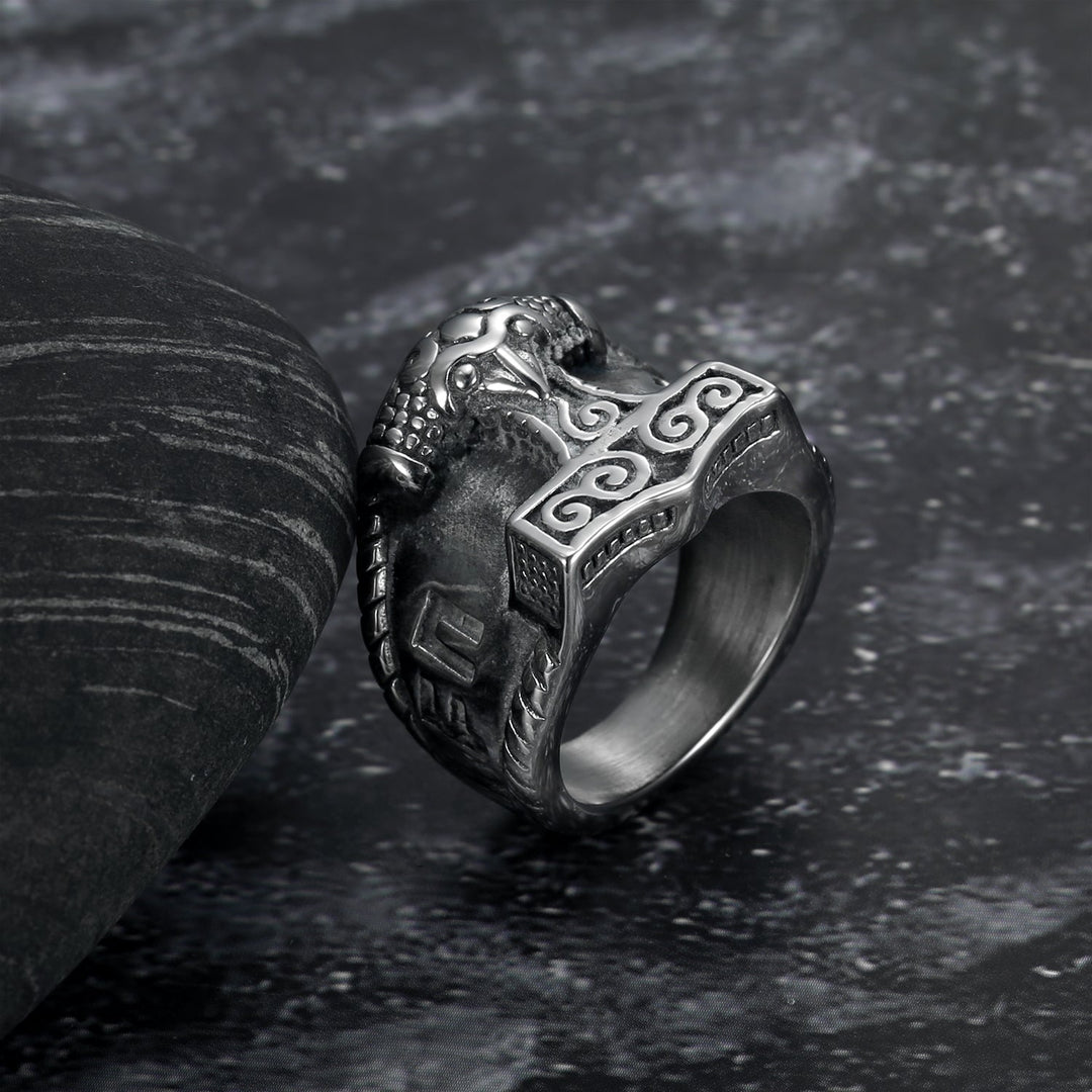 Nordic Pride Handcrafted Stainless Steel Thor's Gavel and Rune Ring