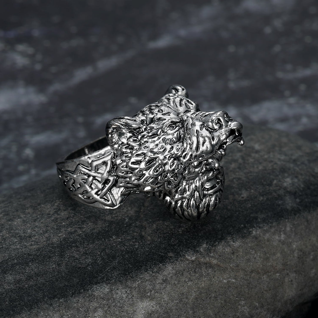Nordic Pride Handcrafted Stainless Steel Odin and Grey Wolf Ring