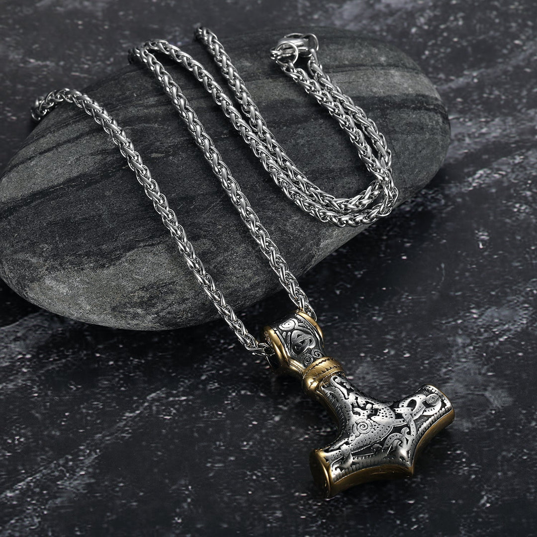 Nordic Pride Handcrafted Stainless Steel Gold & Silver Mammen-Style Thor's Gavel Pendant