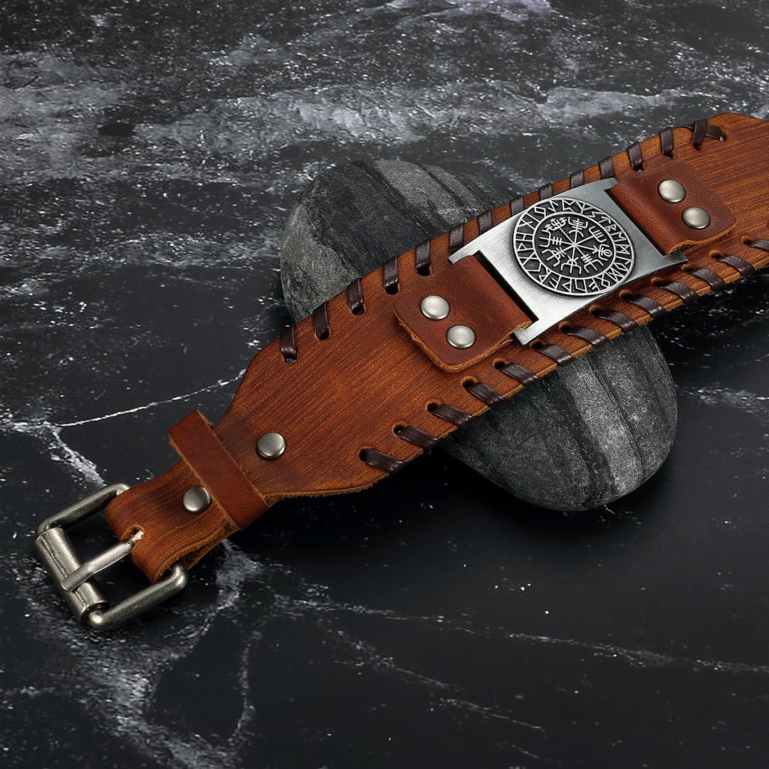 Nordic Pride Leather Buckle Arm Cuff With Metal Icelandic Stave Design
