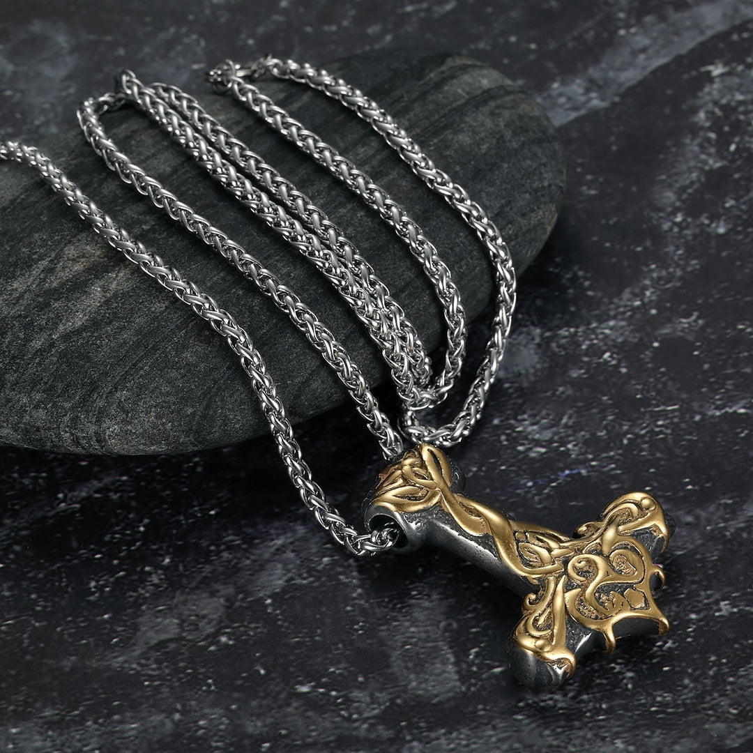 Nordic Pride Handcrafted Stainless Steel Gold & Silver Ornate Thor's Gavel Pendant & Chain