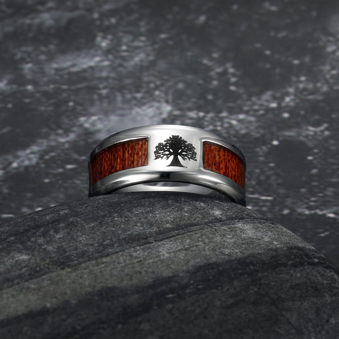 Nordic Pride Handcrafted Stainless Steel Celtic Tree of Life and Wood Inset Wedding Ring