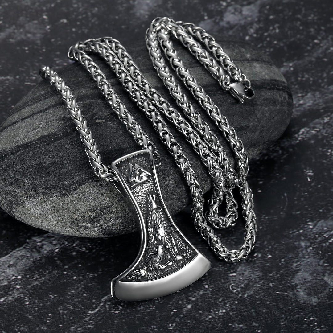 Nordic Pride Handcrafted Stainless Steel Valknut Symbol with Raven & Grey Wolf Pendant & Chain