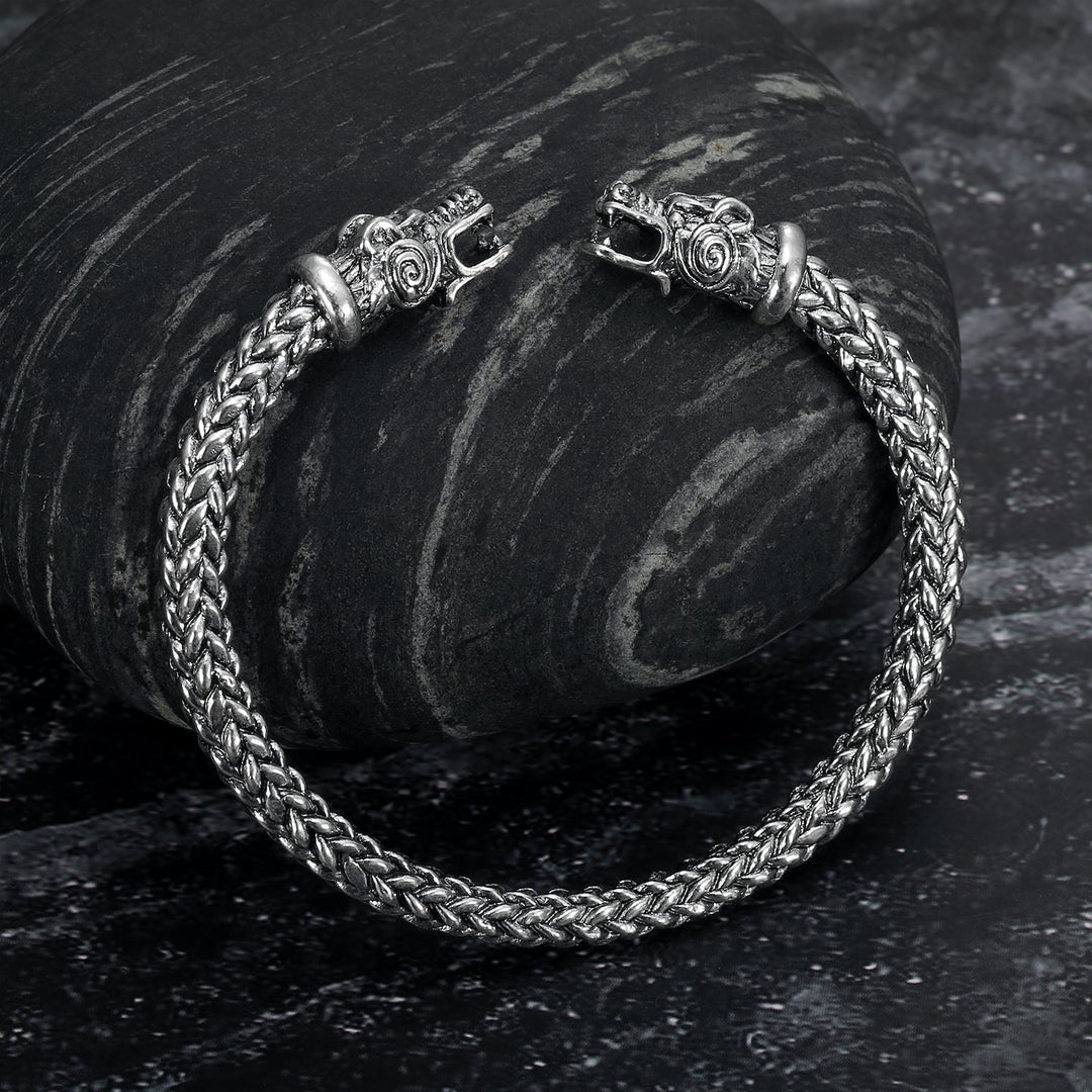 Nordic Pride Small Handcrafted Stainless Steel Grey Wolf Head Torc Bracelet