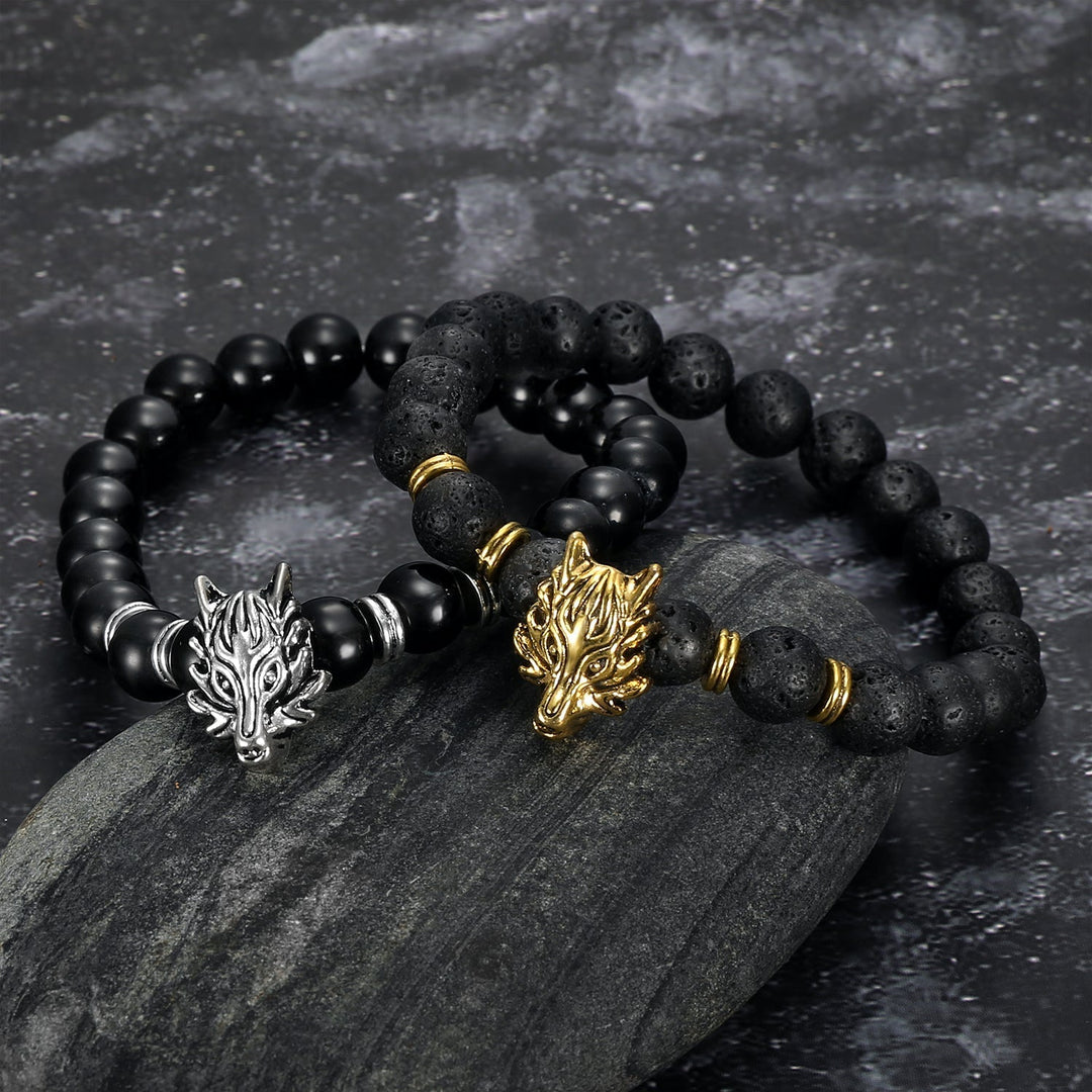 Nordic Pride Grey Wolf Head and Lava Stone Bracelet