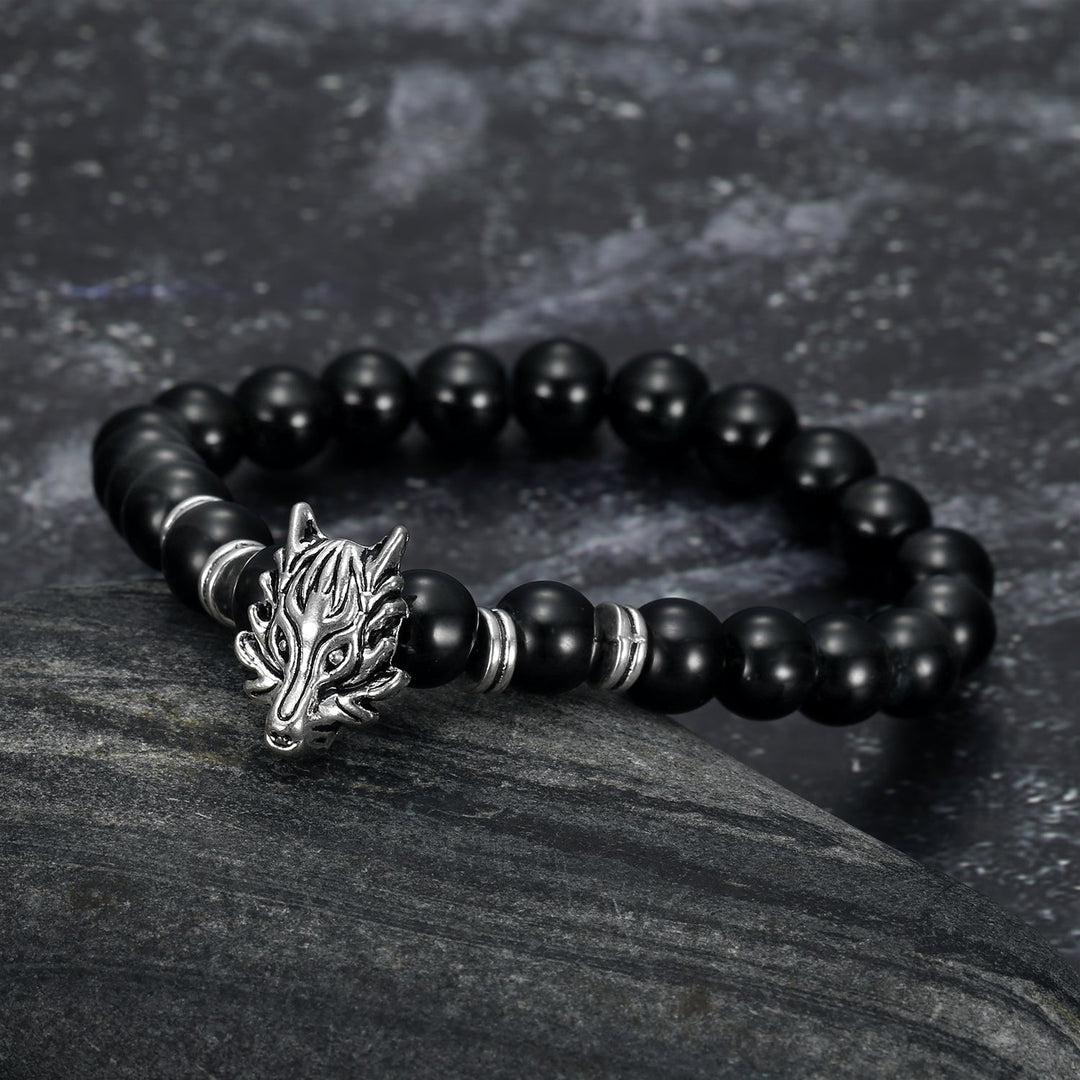 Nordic Pride Grey Wolf Head and Lava Stone Bracelet