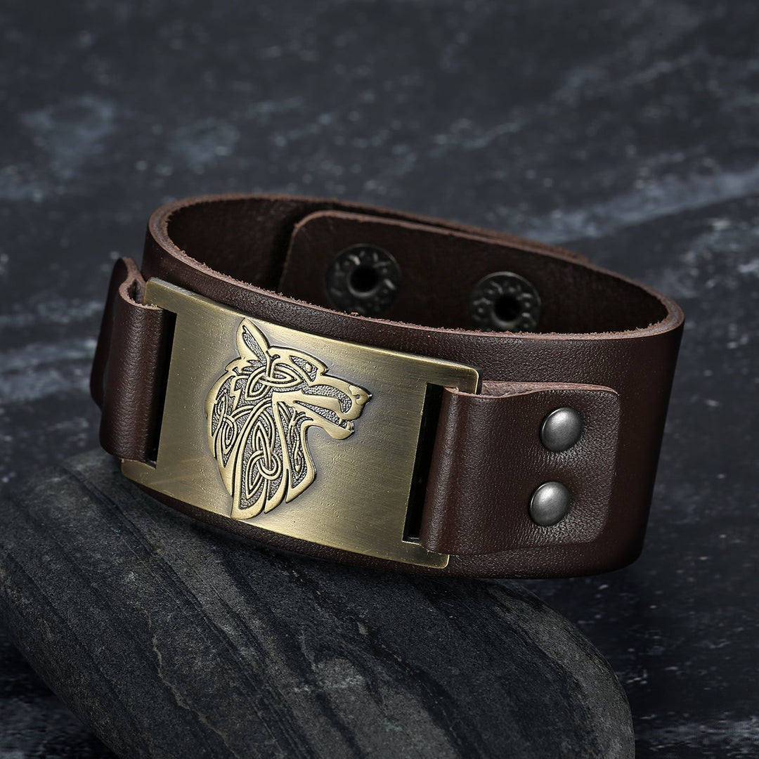 Nordic Pride Leather Nordic Grey Wolf Head Arm Cuff