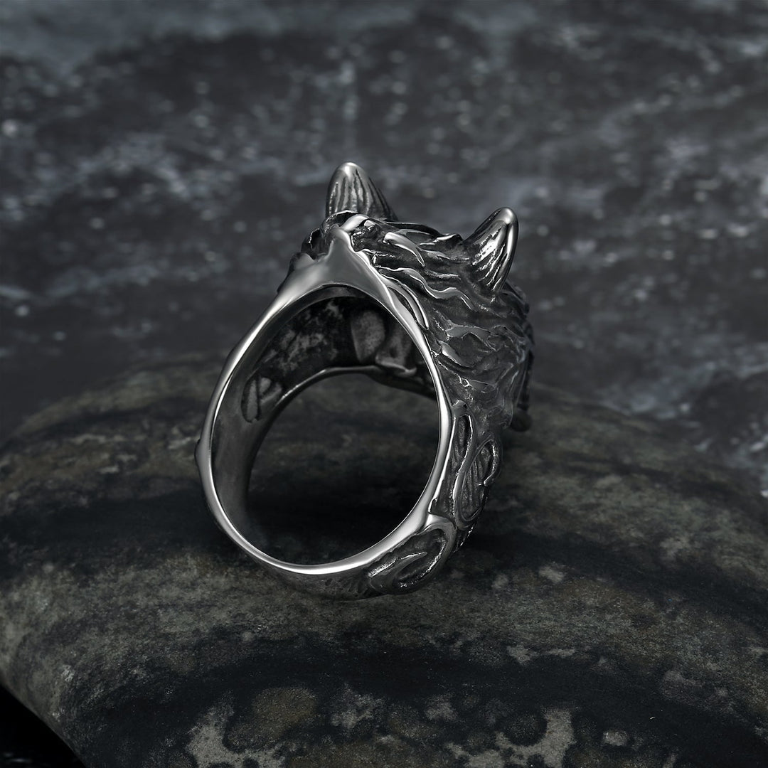 Nordic Pride Handcrafted Stainless Steel Grey Wolf Head Biker Ring