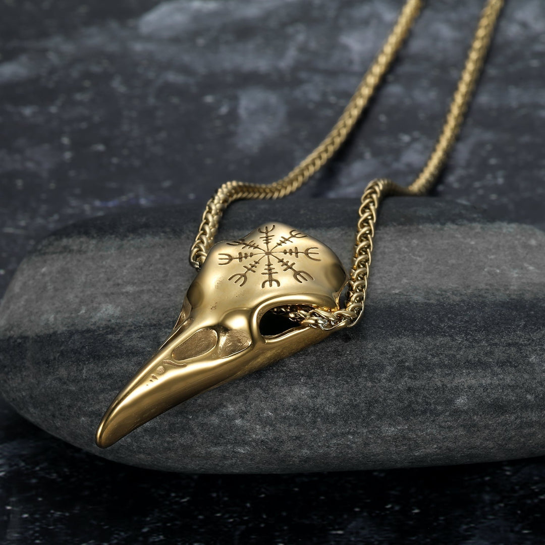 Nordic Pride Gold & Silver Handcrafted Stainless Steel Raven Skull and Helm of Terror Pendant