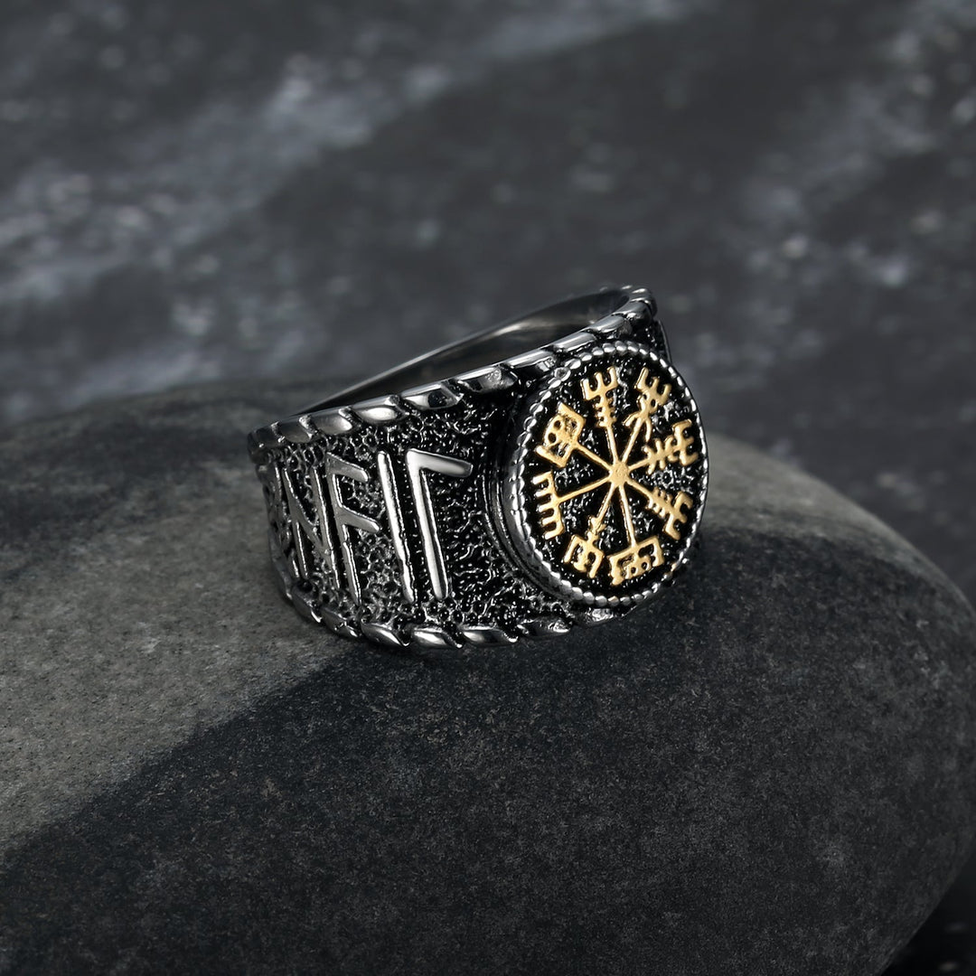 Nordic Pride Handcrafted Stainless Steel Icelandic Stave and Runes Ring