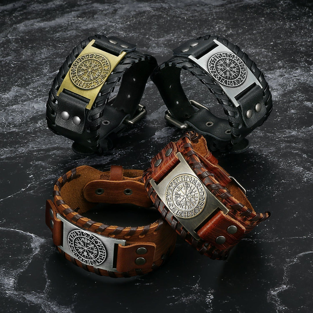 Nordic Pride Leather Buckle Arm Cuff With Metal Icelandic Stave Design