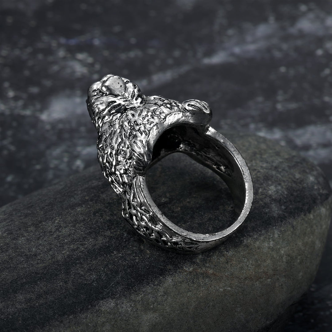 Nordic Pride Handcrafted Stainless Steel Odin and Grey Wolf Ring