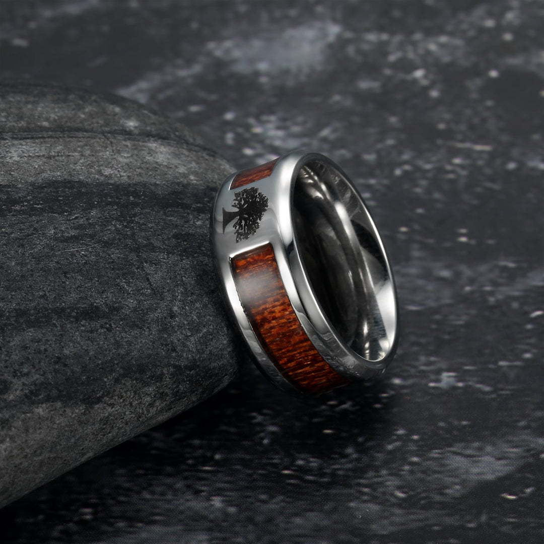 Nordic Pride Handcrafted Stainless Steel Celtic Tree of Life and Wood Inset Wedding Ring