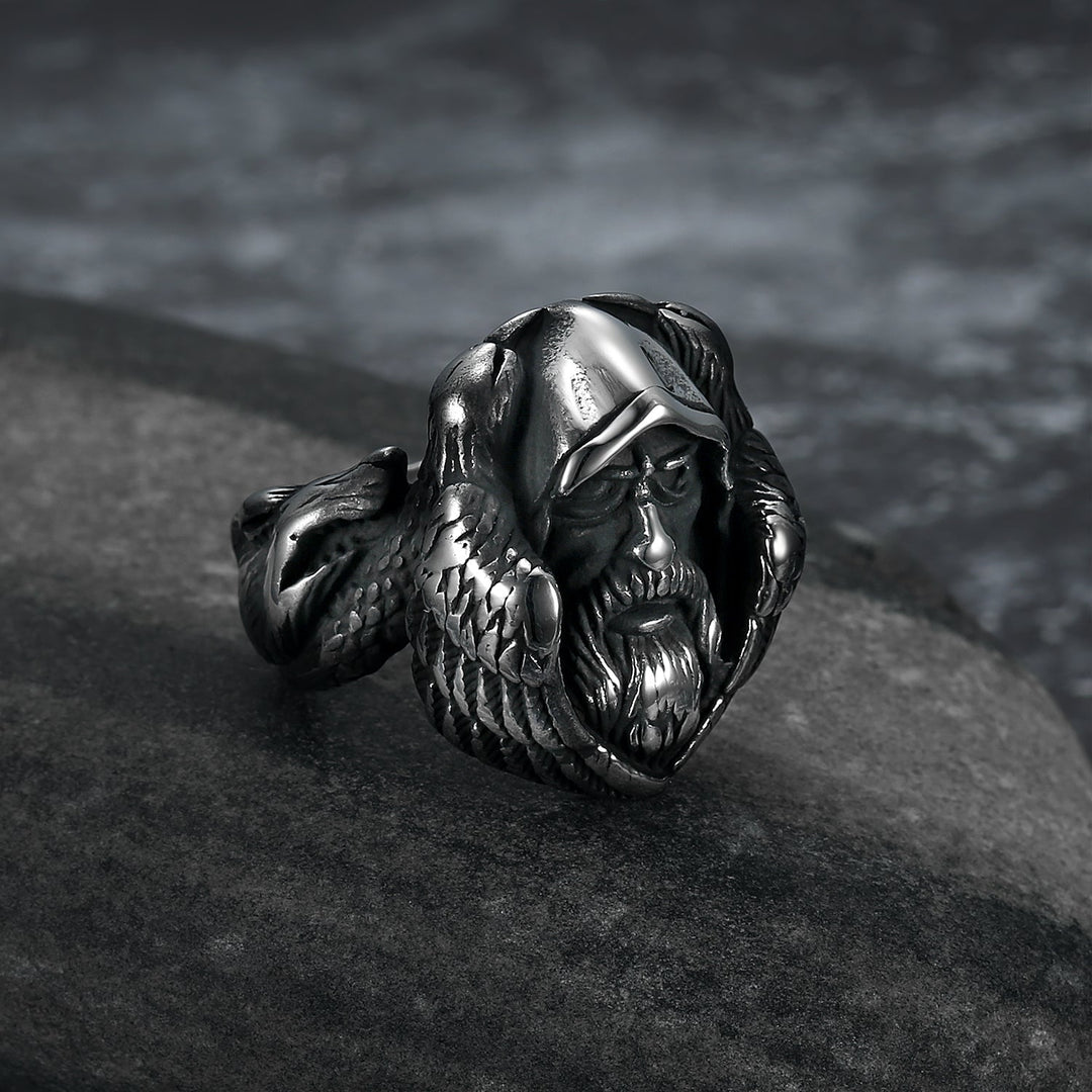 Nordic Pride Handcrafted Stainless Steel Nordic Odin Ring With Raven and Grey Wolf