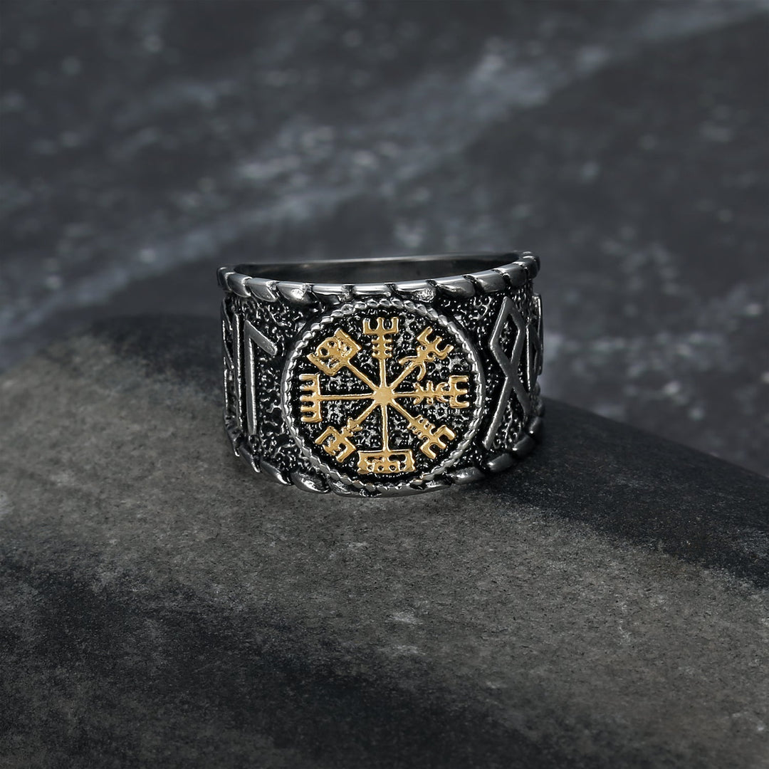 Nordic Pride Handcrafted Stainless Steel Icelandic Stave and Runes Ring