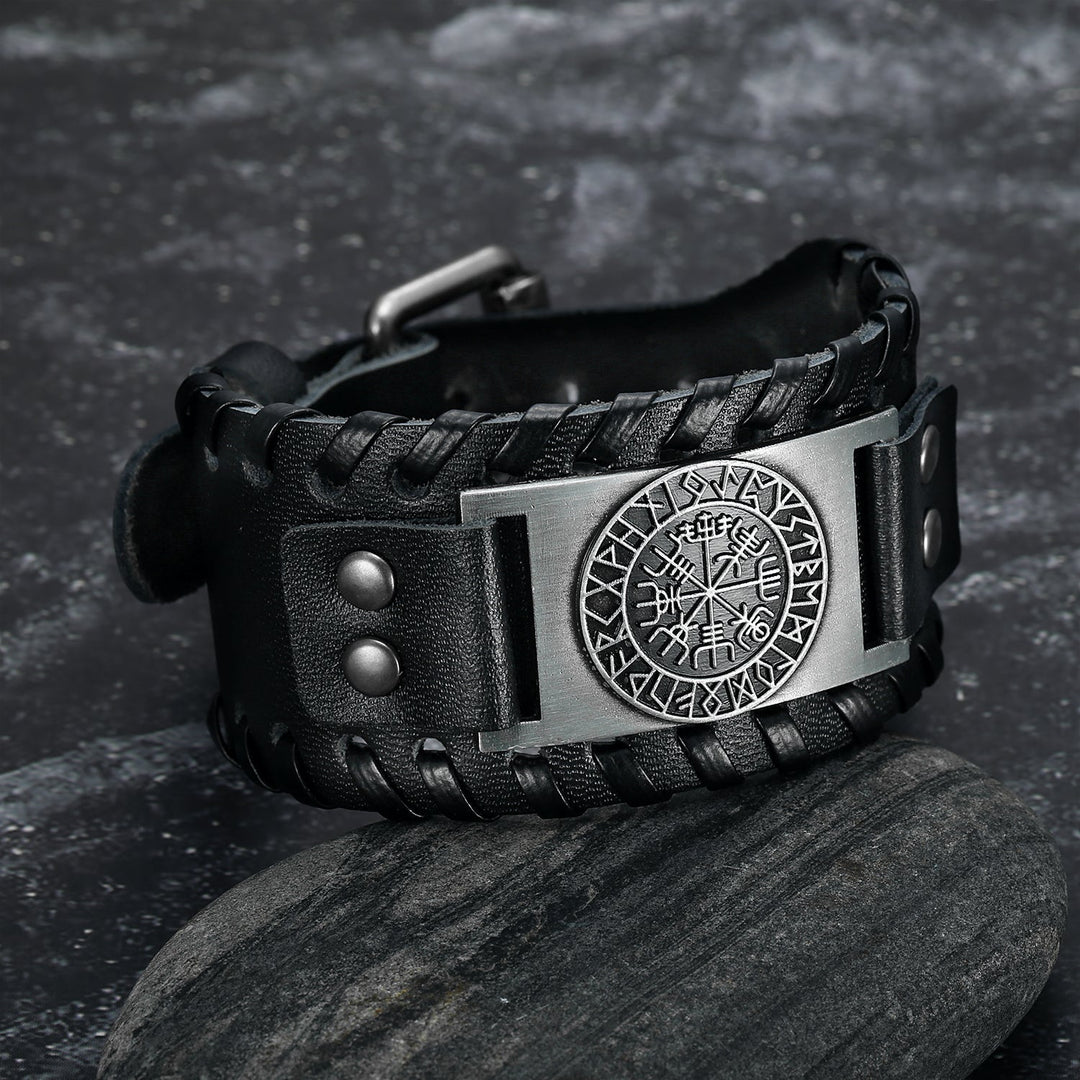 Nordic Pride Leather Buckle Arm Cuff With Metal Icelandic Stave Design