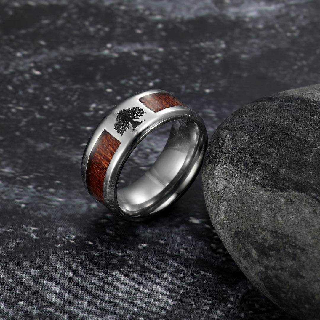 Nordic Pride Handcrafted Stainless Steel Celtic Tree of Life and Wood Inset Wedding Ring