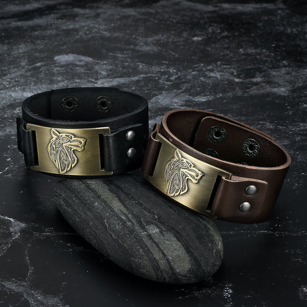 Nordic Pride Leather Nordic Grey Wolf Head Arm Cuff