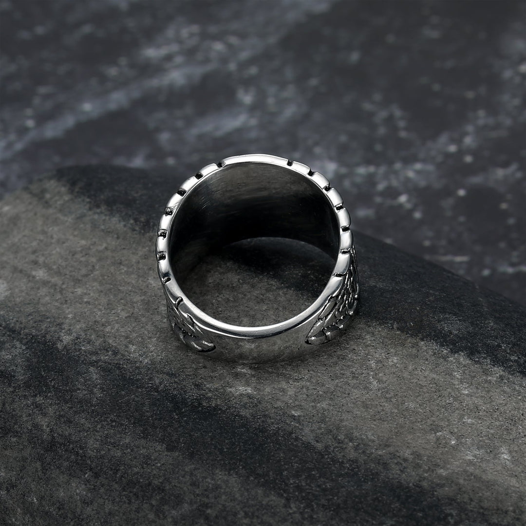 Nordic Pride Handcrafted Stainless Steel Icelandic Stave and Runes Ring