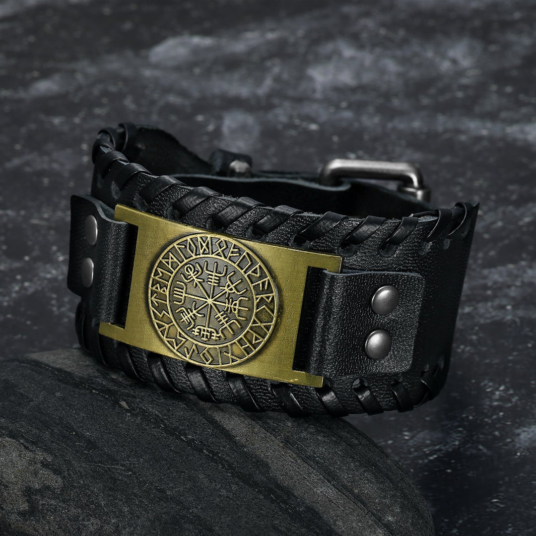 Nordic Pride Leather Buckle Arm Cuff With Metal Icelandic Stave Design