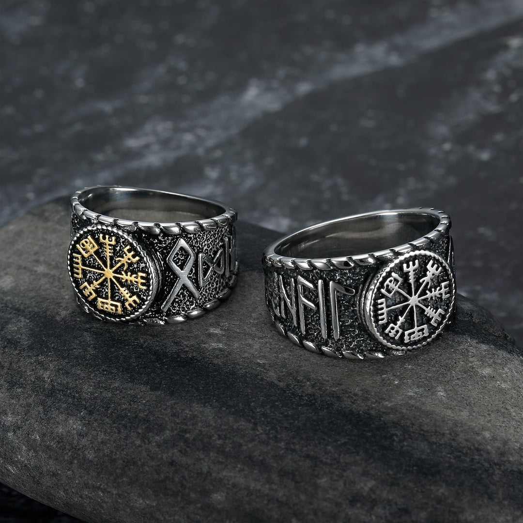 Nordic Pride Handcrafted Stainless Steel Icelandic Stave and Runes Ring